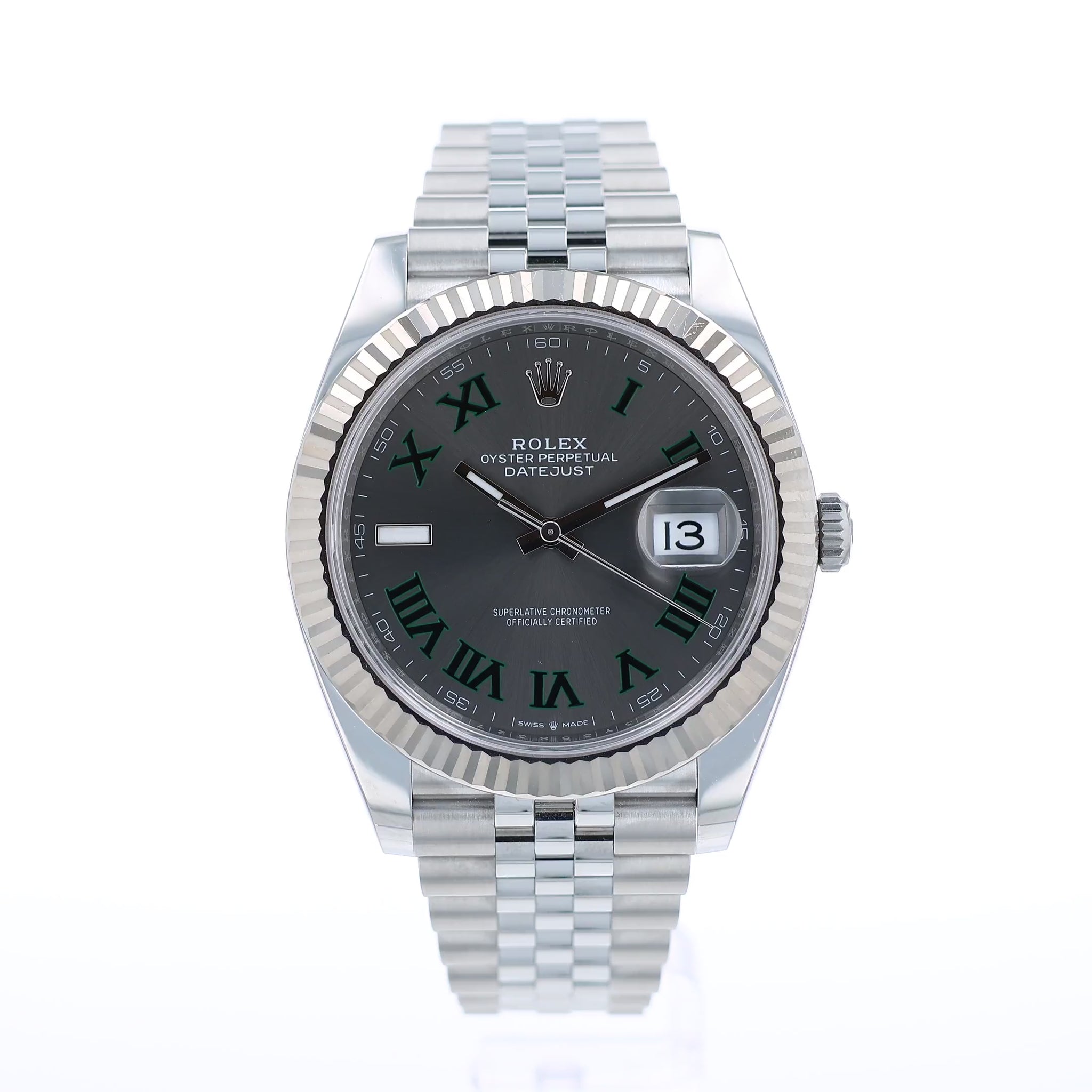 360 degree video of a silver Rolex watch with a Wimbledon grey dial with Roman numerals on a white background