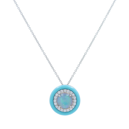 White gold turquoise frame opal and diamond halo pendant necklace