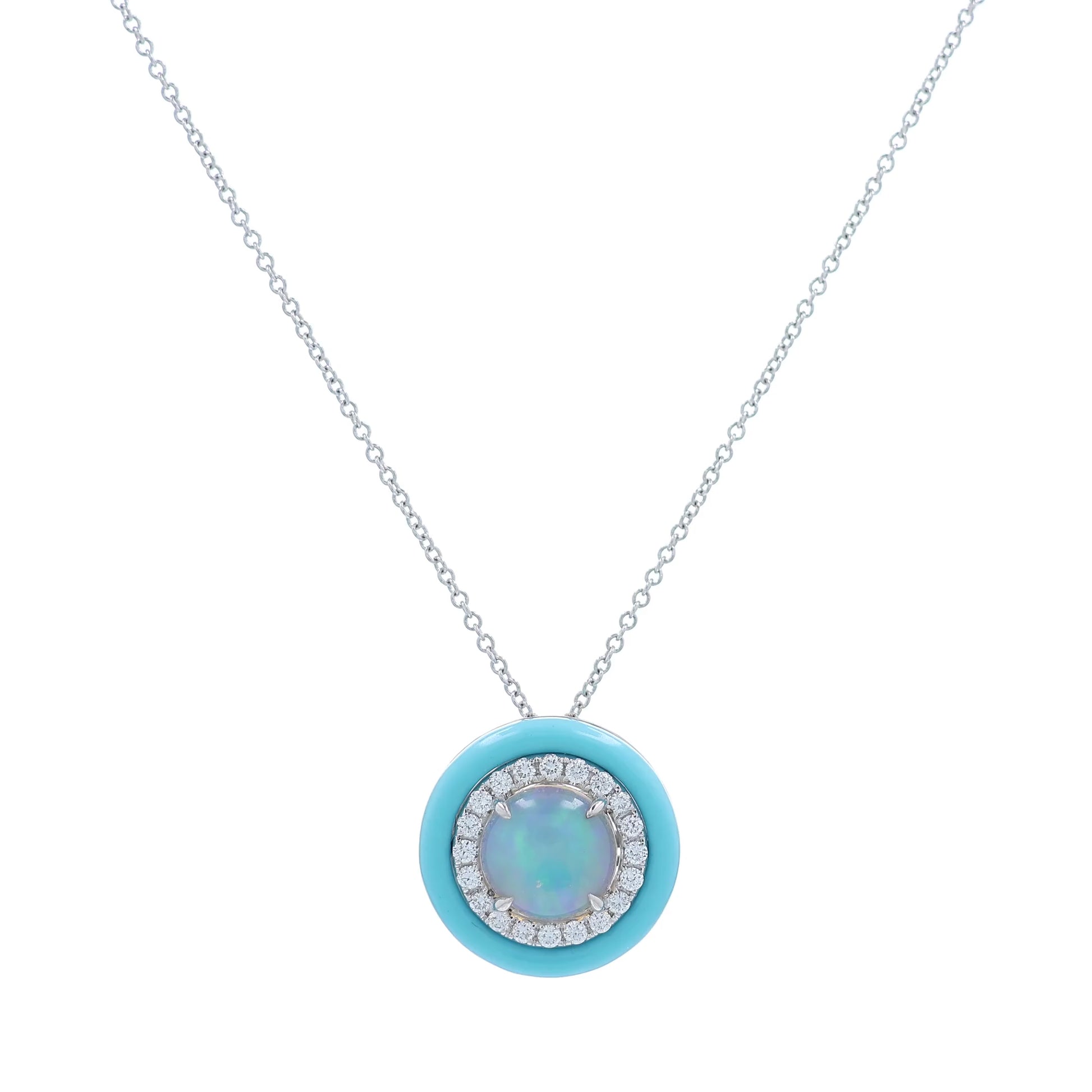 White gold turquoise frame opal and diamond halo pendant necklace