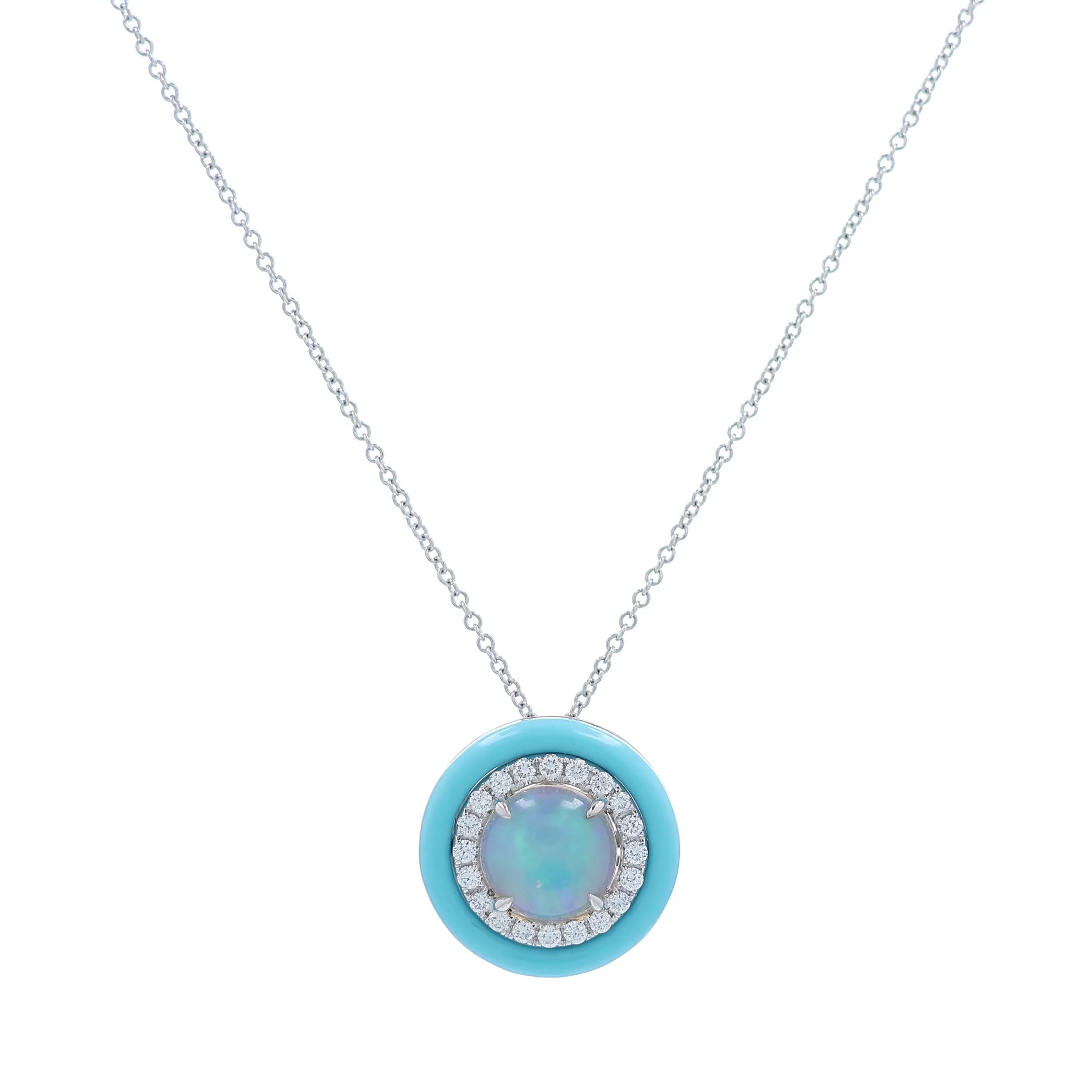 White gold turquoise frame opal and diamond halo pendant necklace