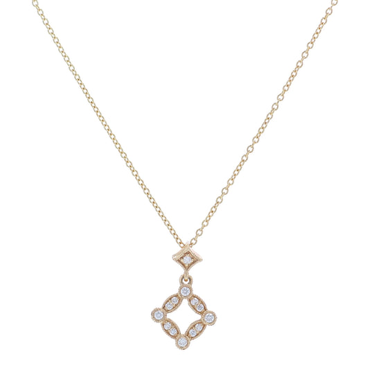 Yellow gold open diamond shape design diamond pendant necklace on a white background