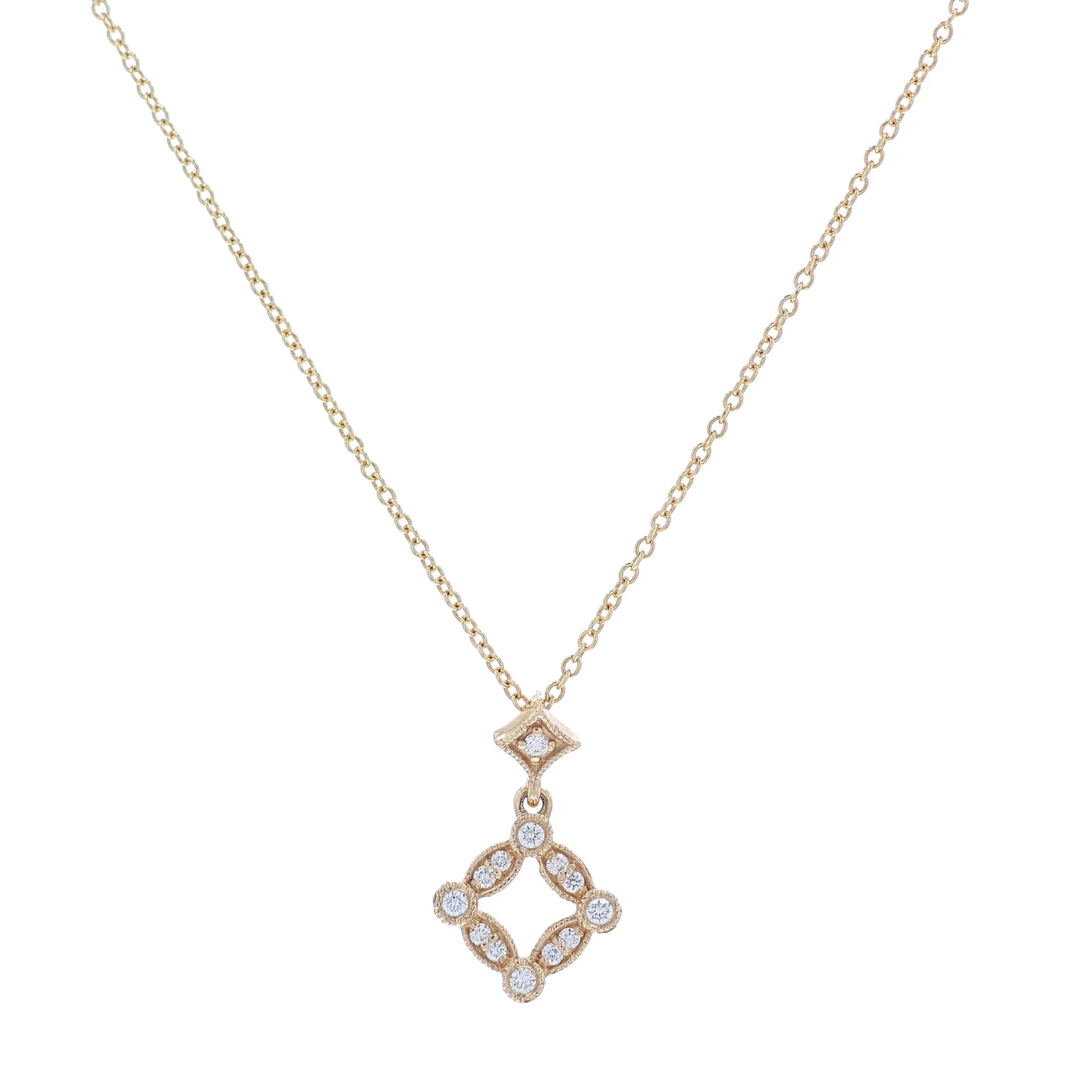 Yellow gold open diamond shape design diamond pendant necklace on a white background