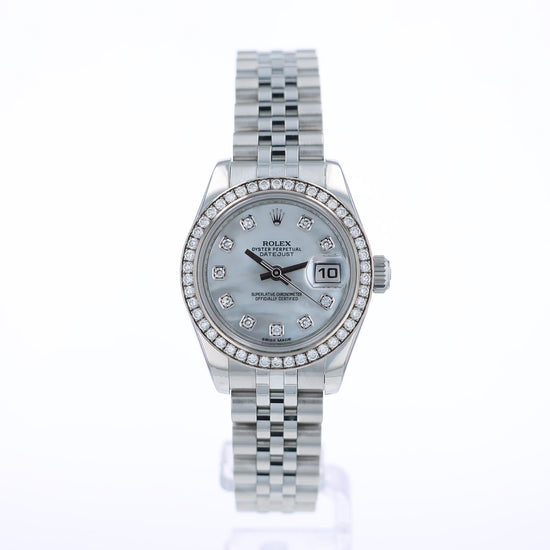 360 degree video of a silver Rolex watch with a diamond bezel and mother of pearl dial on a white background
