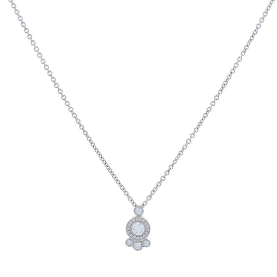 White gold abstract shape diamond halo pendant necklace on a white background