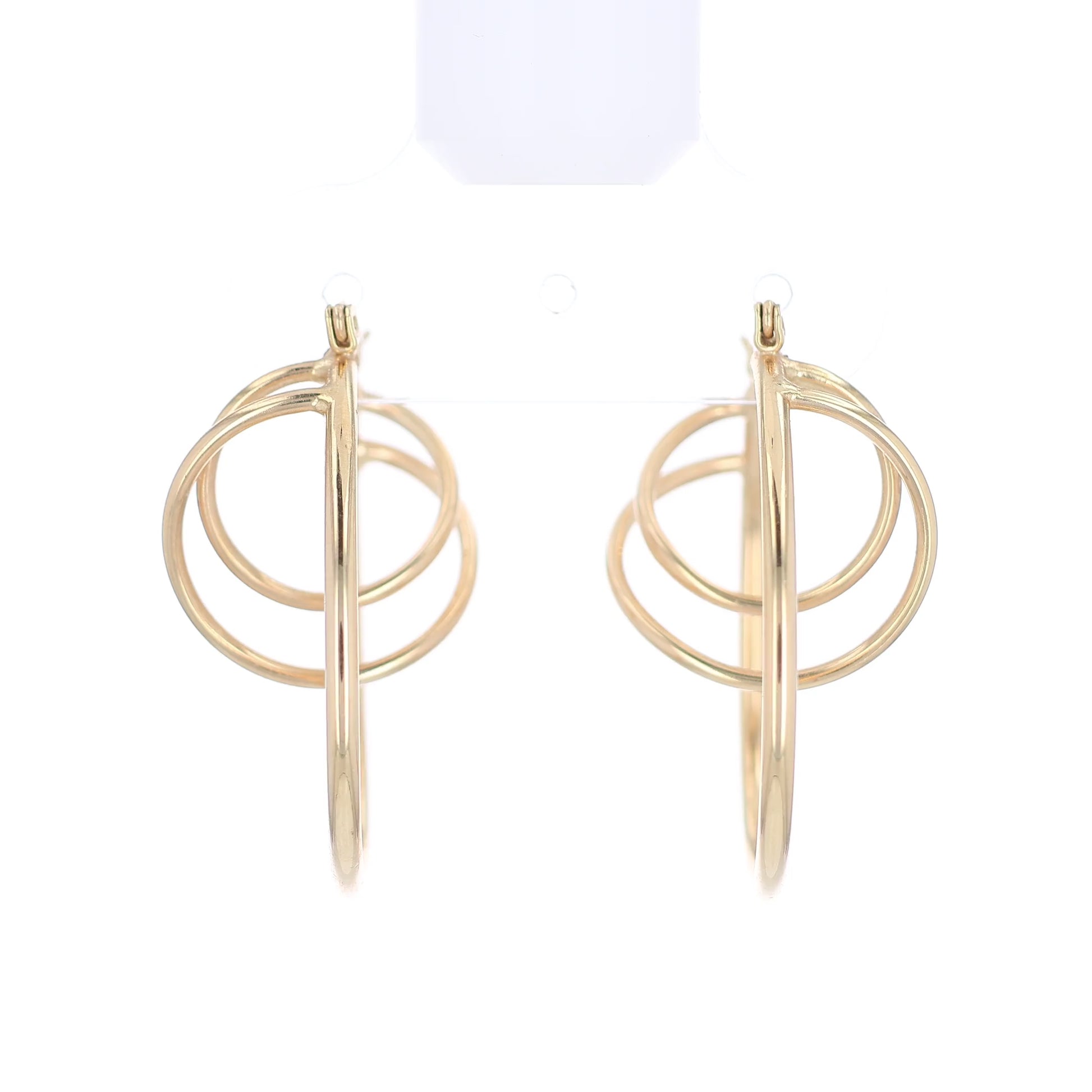 Gold hoop swirl design earrings on a white background