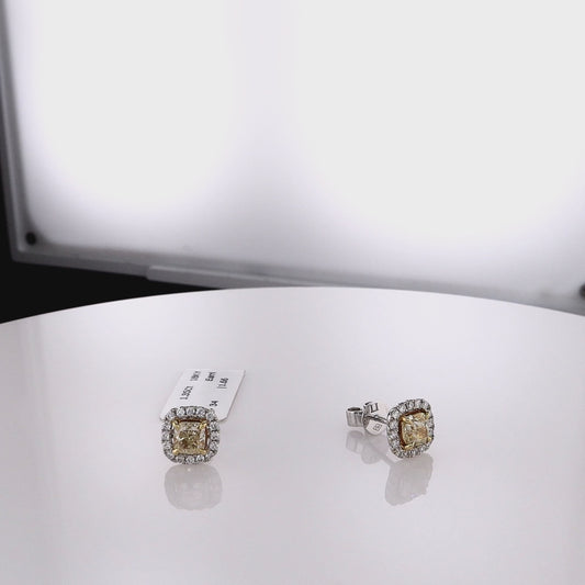 18k White Gold Yellow and White Diamond Halo Square Stud Earrings