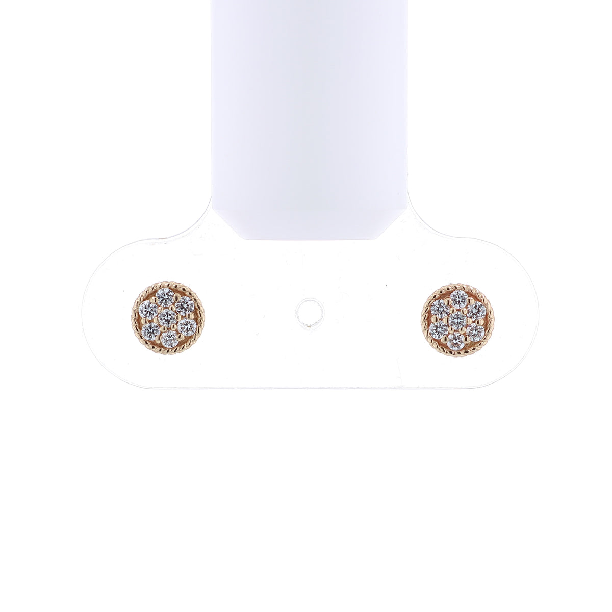 Yellow gold rope border pave diamond disc button stud earrings on a white background