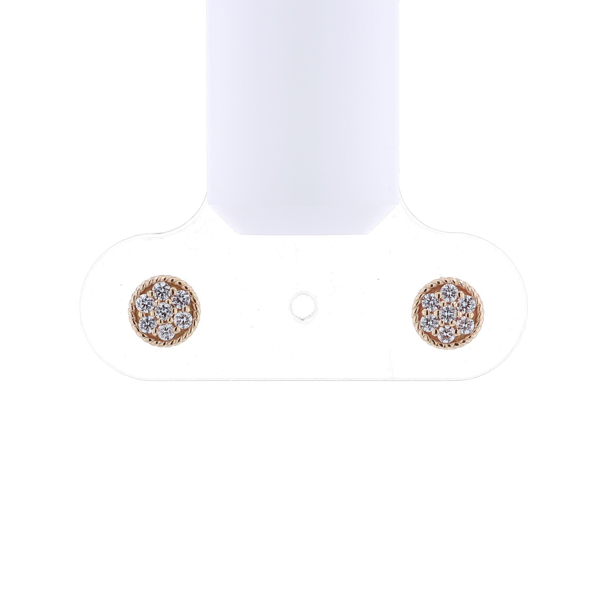Yellow gold rope border pave diamond disc button stud earrings on a white background