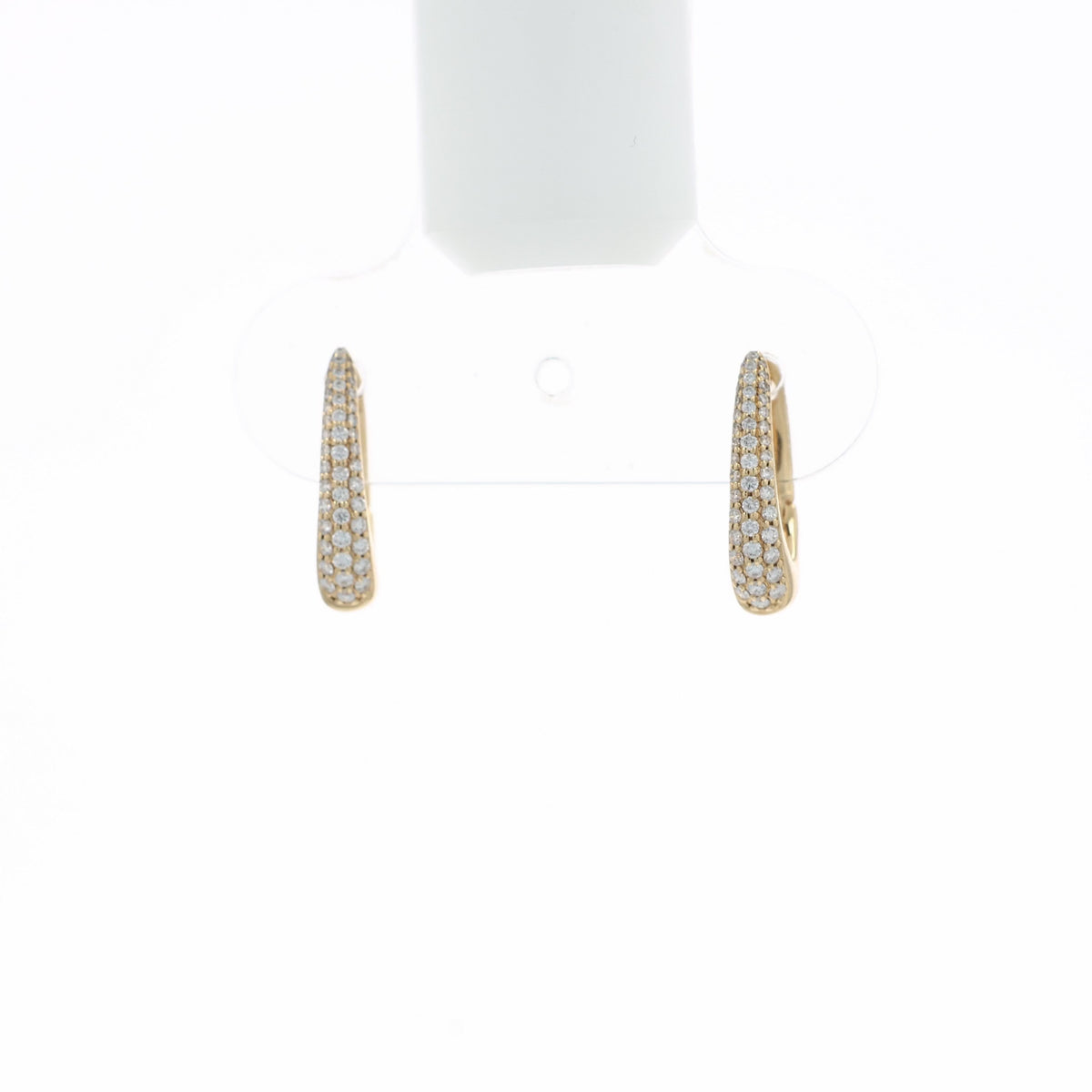Video of A pair of gold huggie hoop earrings with pave set stones, shown at various angles on a clean white background