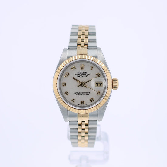 360 degree video of a two-tone Rolex watch with an ivory dial on  white background