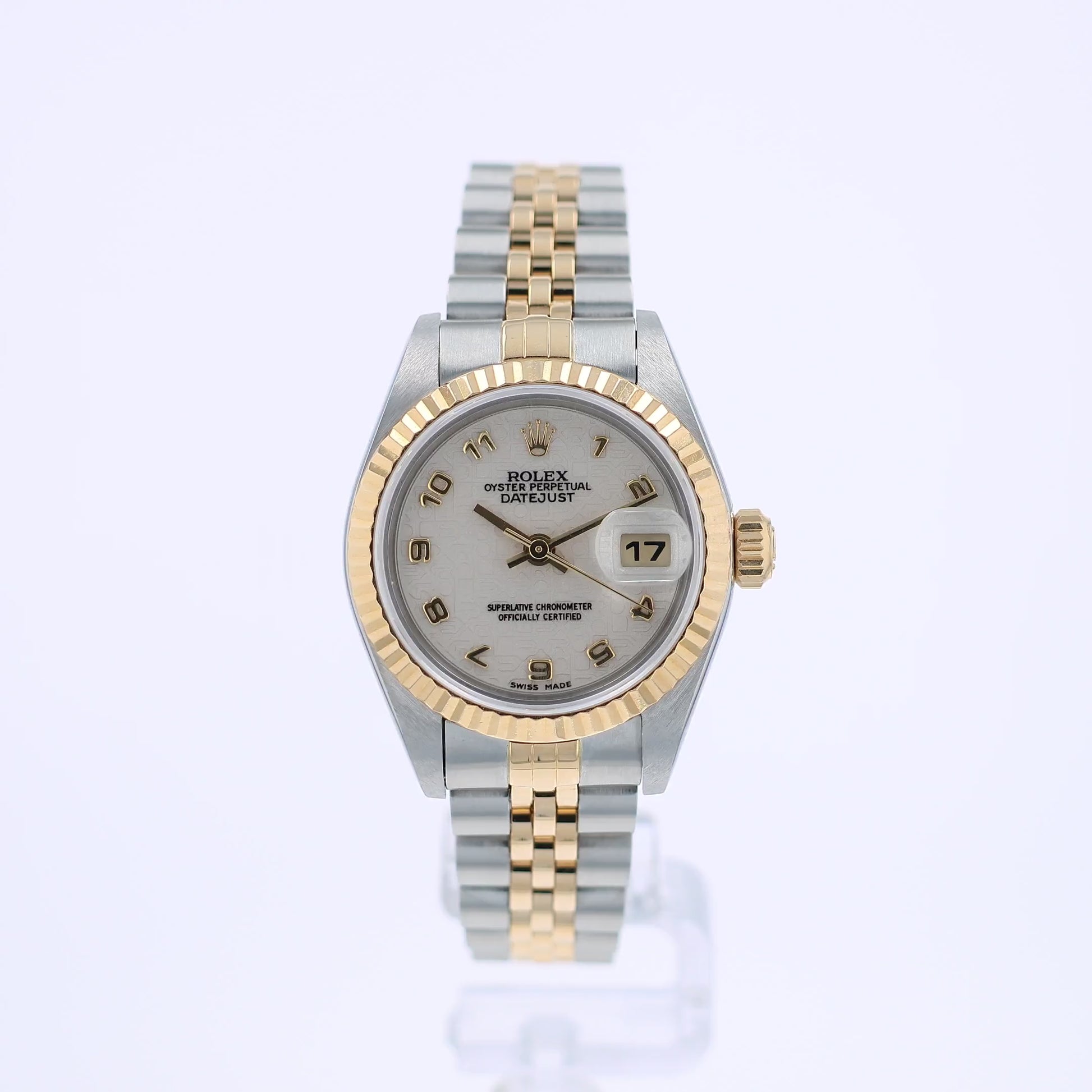 360 degree video of a two-tone Rolex watch with an ivory dial on  white background