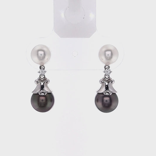 Estate Mikimoto 18k White Gold Cultured and Grey Tahitian Pearl Diamond Earrings