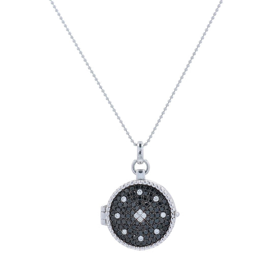 White gold white and black diamond pave locket necklace on a white background