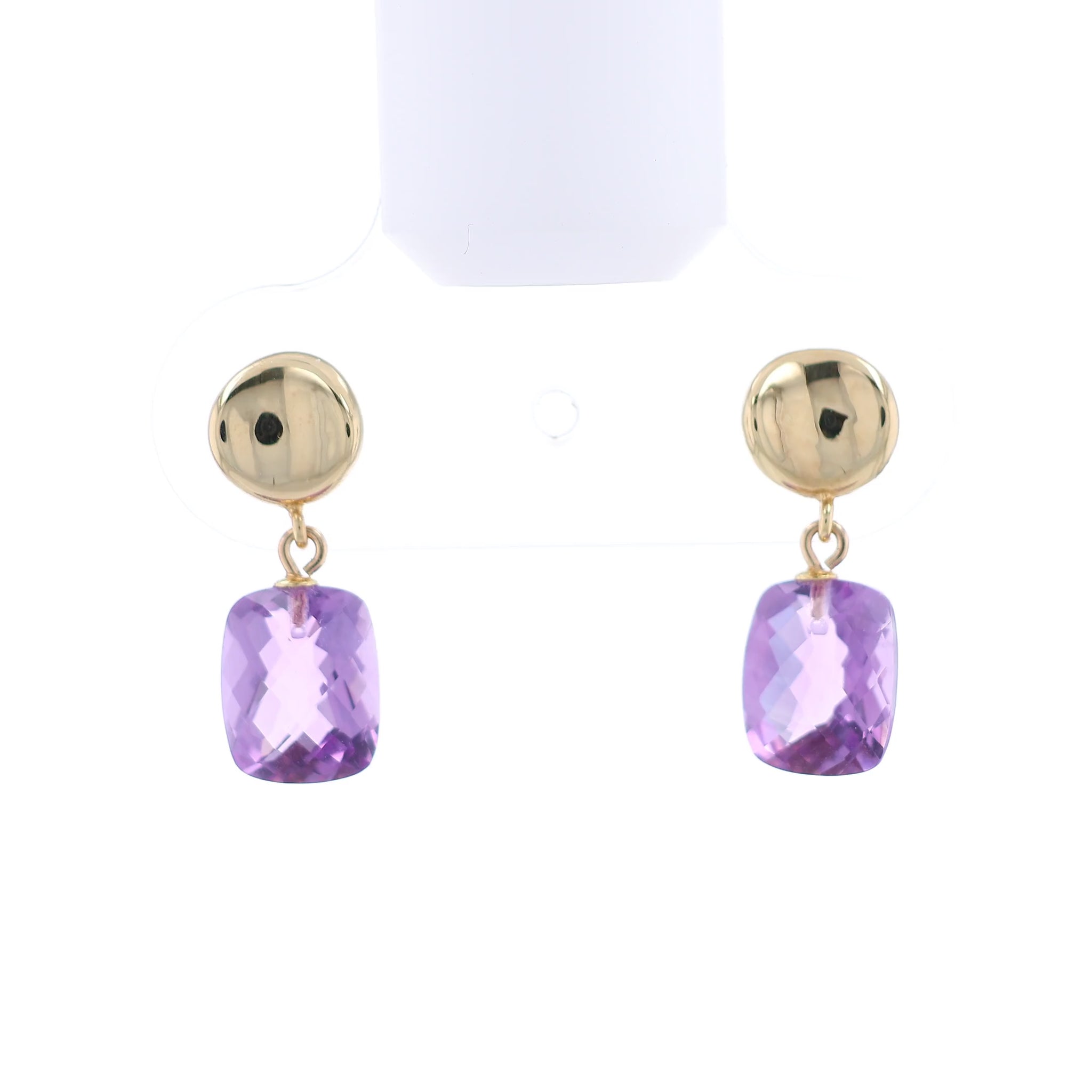 Gold drop earrings with purple amethysts on a white background