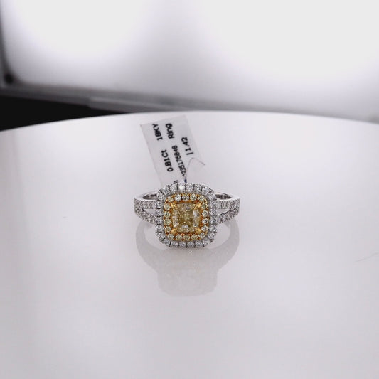 18k Two-Tone Double Halo and Split Shank Yellow and White Diamond Ring