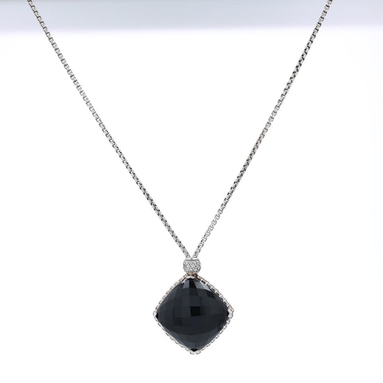 David Yurman silver pendant necklace with a faceted black onyx center and a pave diamond bail on a white background