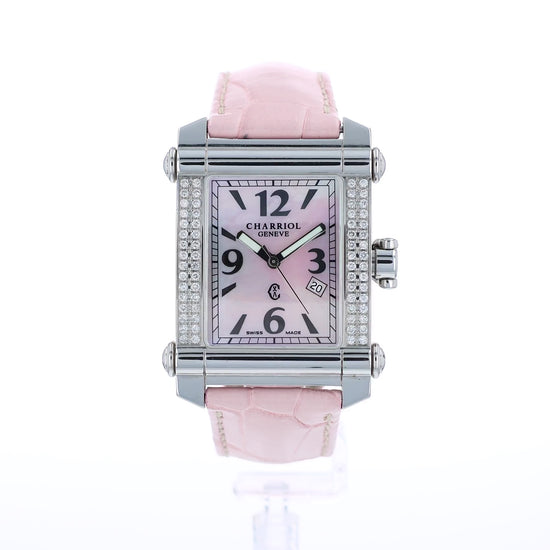 360 degree video of a pink Charriol watch with a pink mother of pearl dial and diamond bezel on a white background