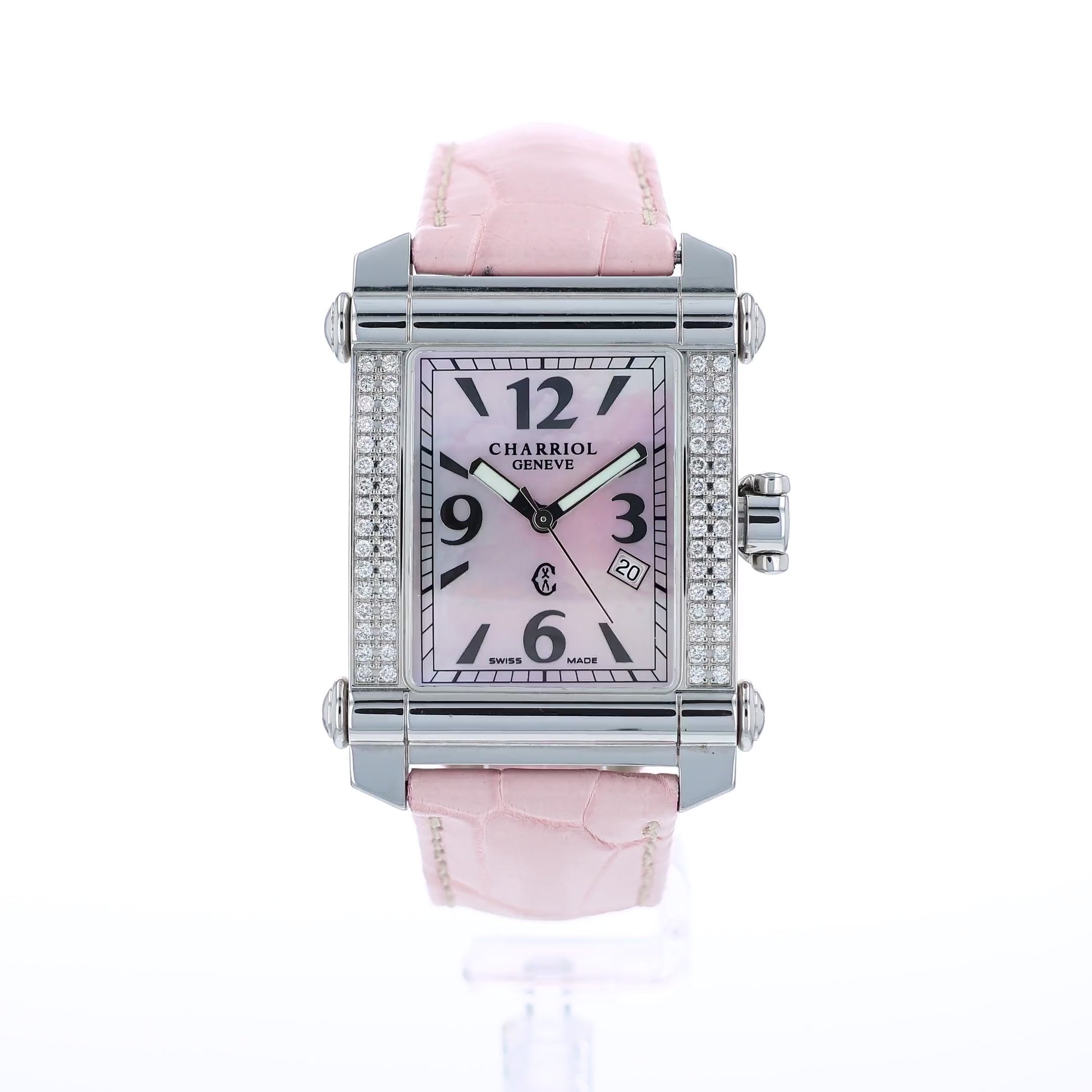 360 degree video of a pink Charriol watch with a pink mother of pearl dial and diamond bezel on a white background