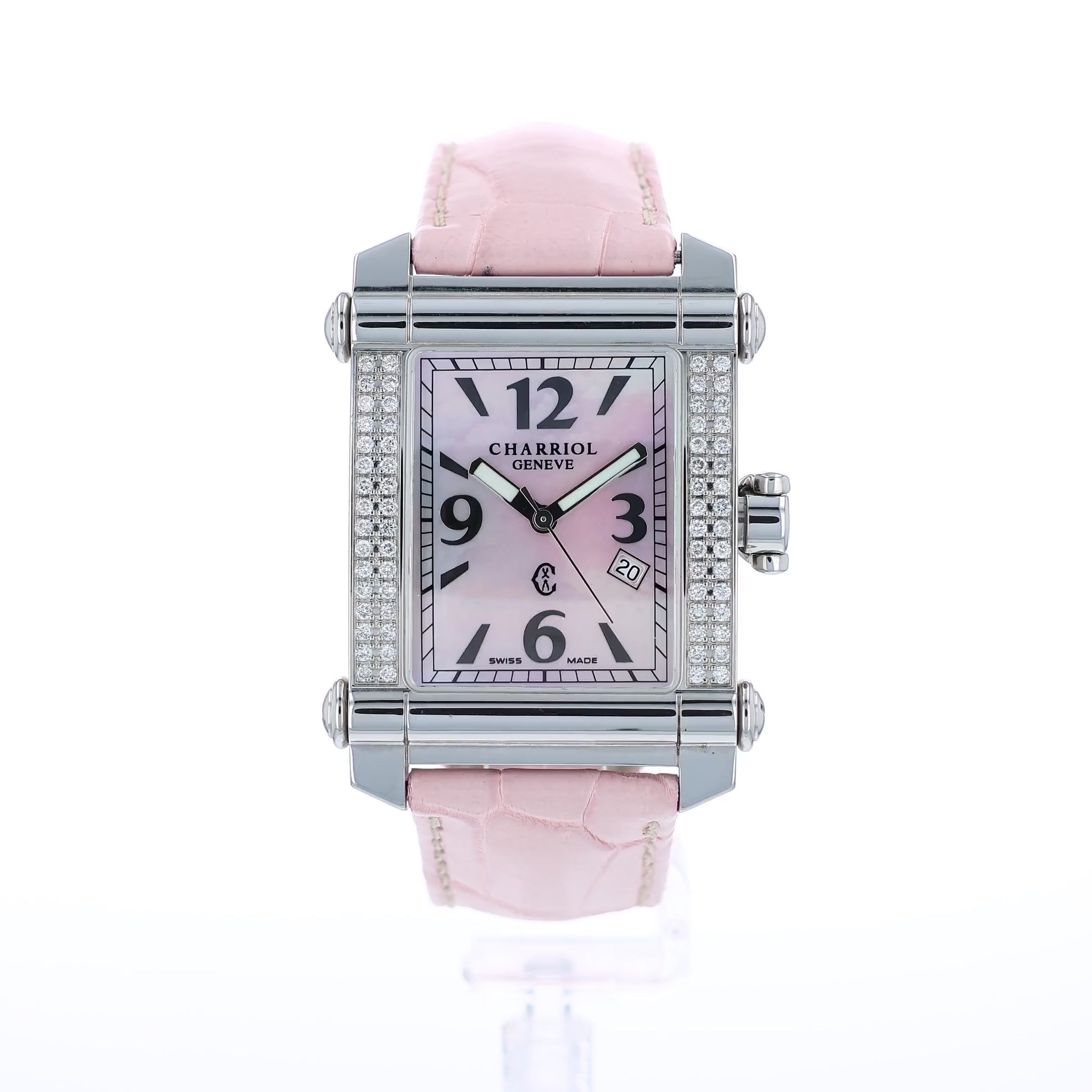 360 degree video of a pink Charriol watch with a pink mother of pearl dial and diamond bezel on a white background