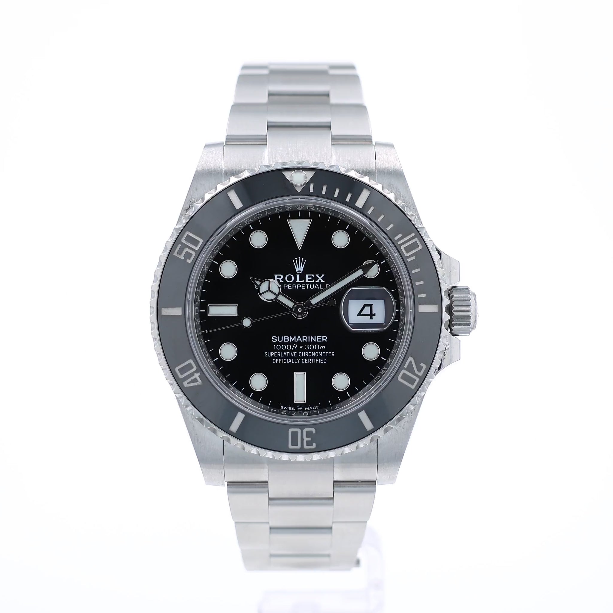 Back angle of a Rolex Submariner watch with a black dial and ceramic bezel on a white background