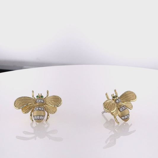 18k Yellow Gold Emerald Eyes and Diamond Bee Stud Earrings