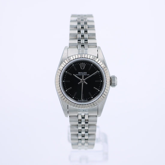 360 degree video of a silver Rolex watch with a black dial on a white background