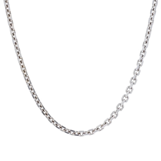 White gold 5.1mm squared oval link chain necklace on a white background