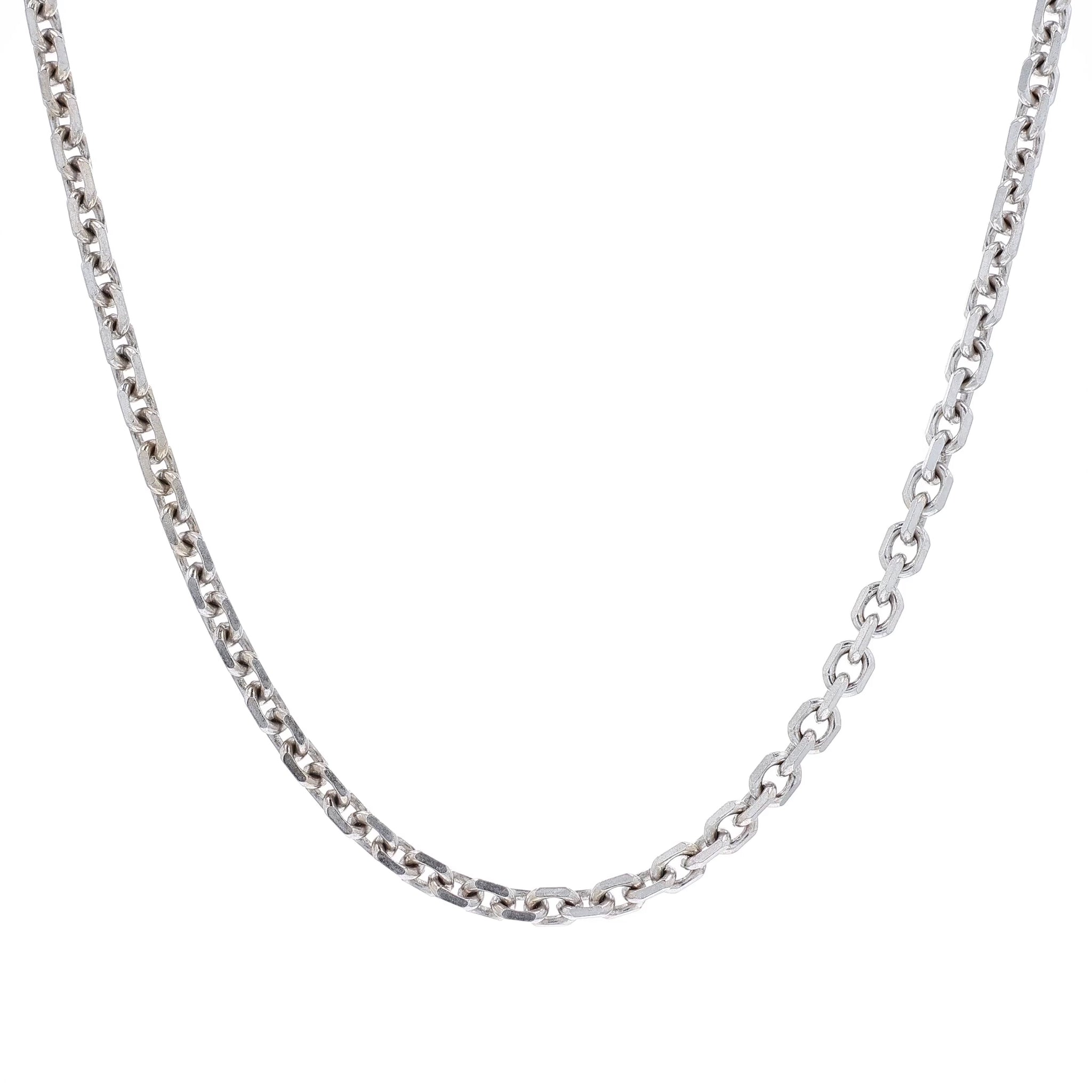 White gold 5.1mm squared oval link chain necklace on a white background