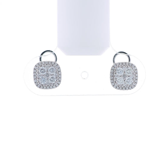White gold Martin Flyer cushion diamond cluster halo stud earrings on a white background