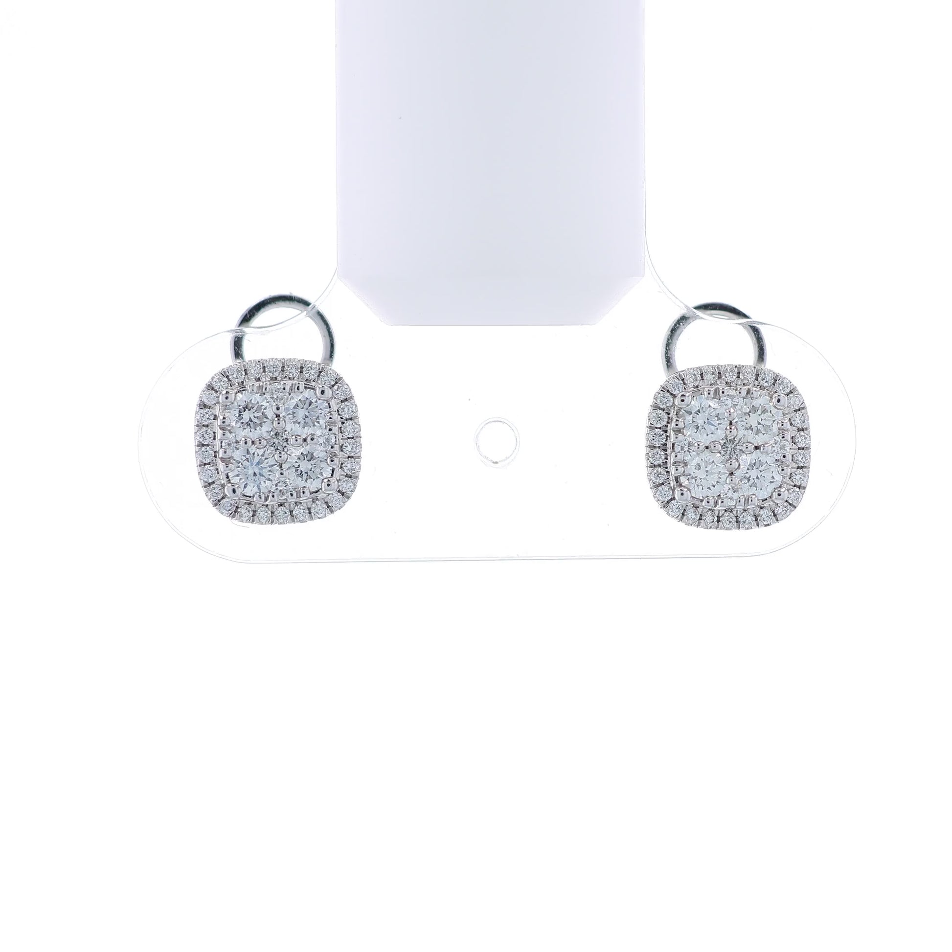 White gold Martin Flyer cushion diamond cluster halo stud earrings on a white background