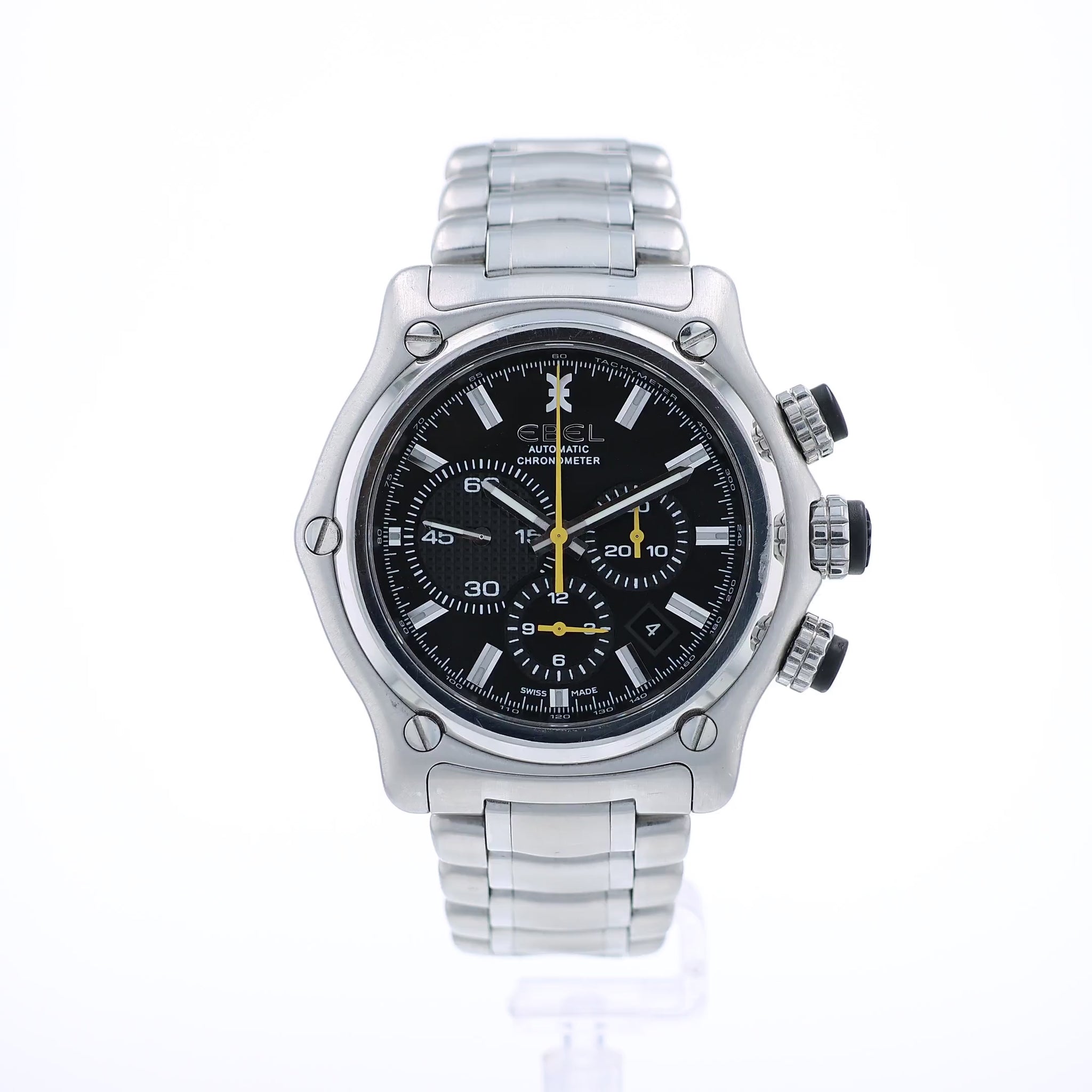 360 degree video of a stainless steel Ebel Chronometer watch with a black dial, polished and brushed finish, and a butterfly clasp on a white background