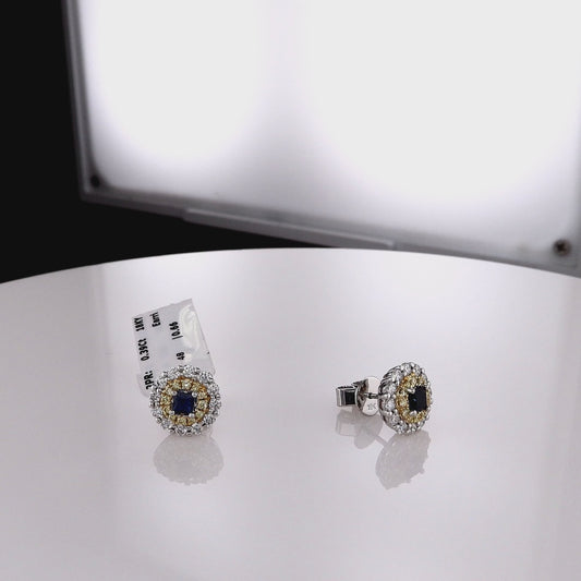 18k Two-Tone Sapphire and Yellow/White Diamond Double Halo Stud Earrings