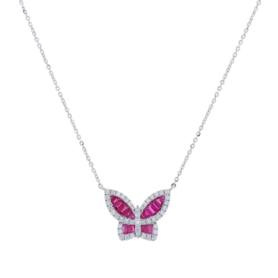 White Gold ruby and diamond butterfly pendant necklace on a white background