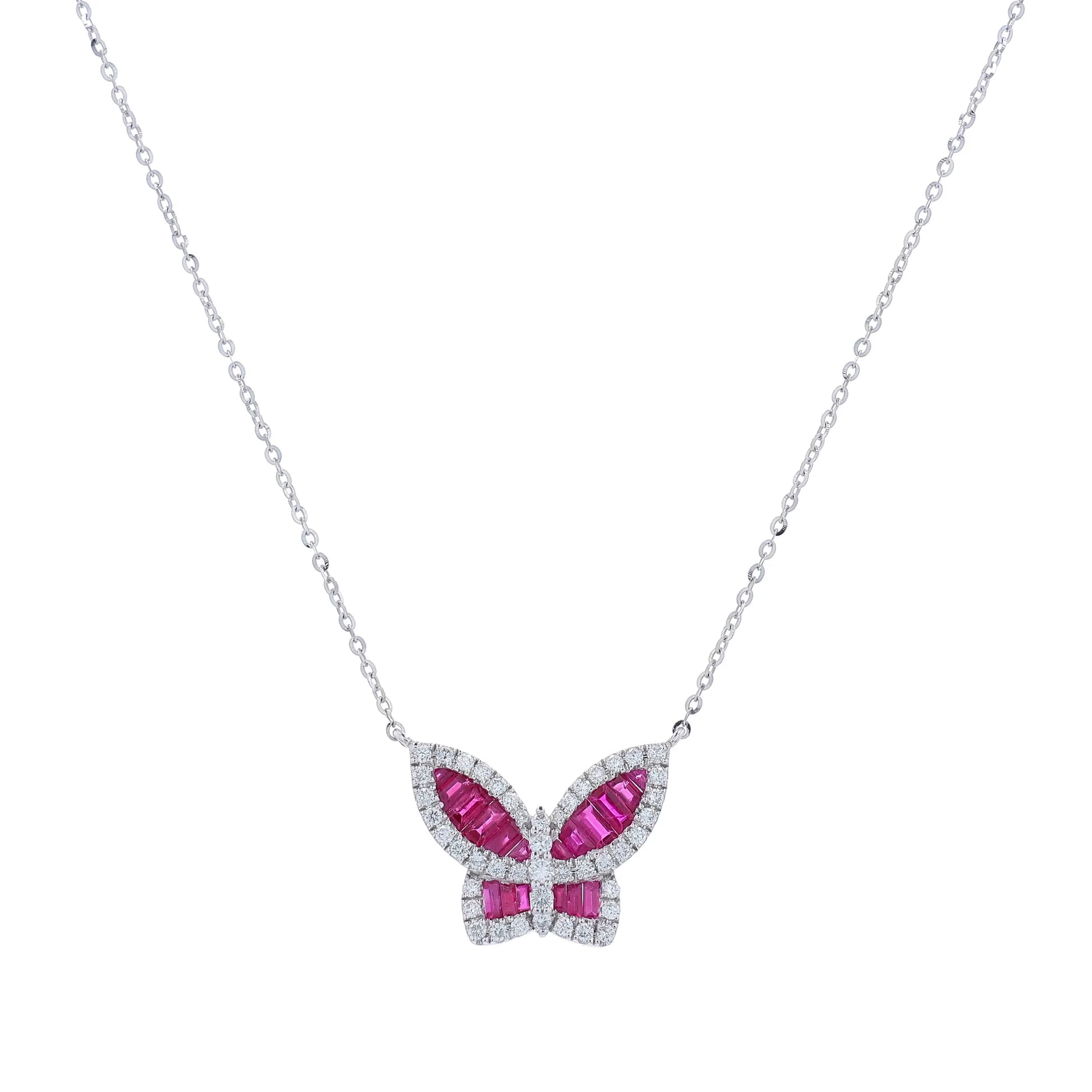 White Gold ruby and diamond butterfly pendant necklace on a white background