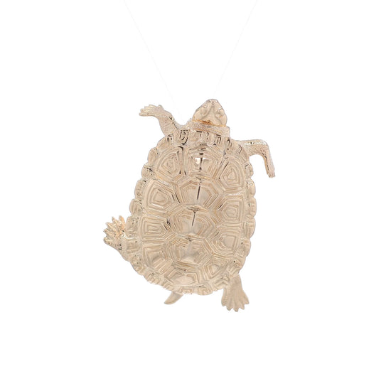 A video of a yellow gold polished and textured snapping turtle designed pin on a white background