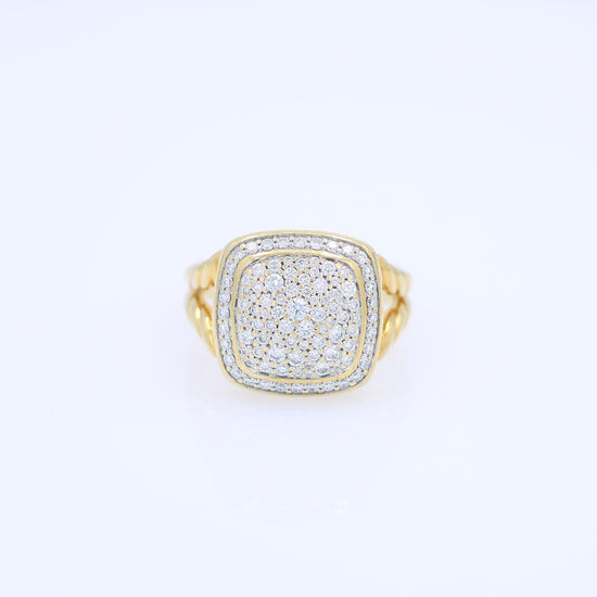 David Yurman yellow gold split cable shank pave top diamond ring on a white background