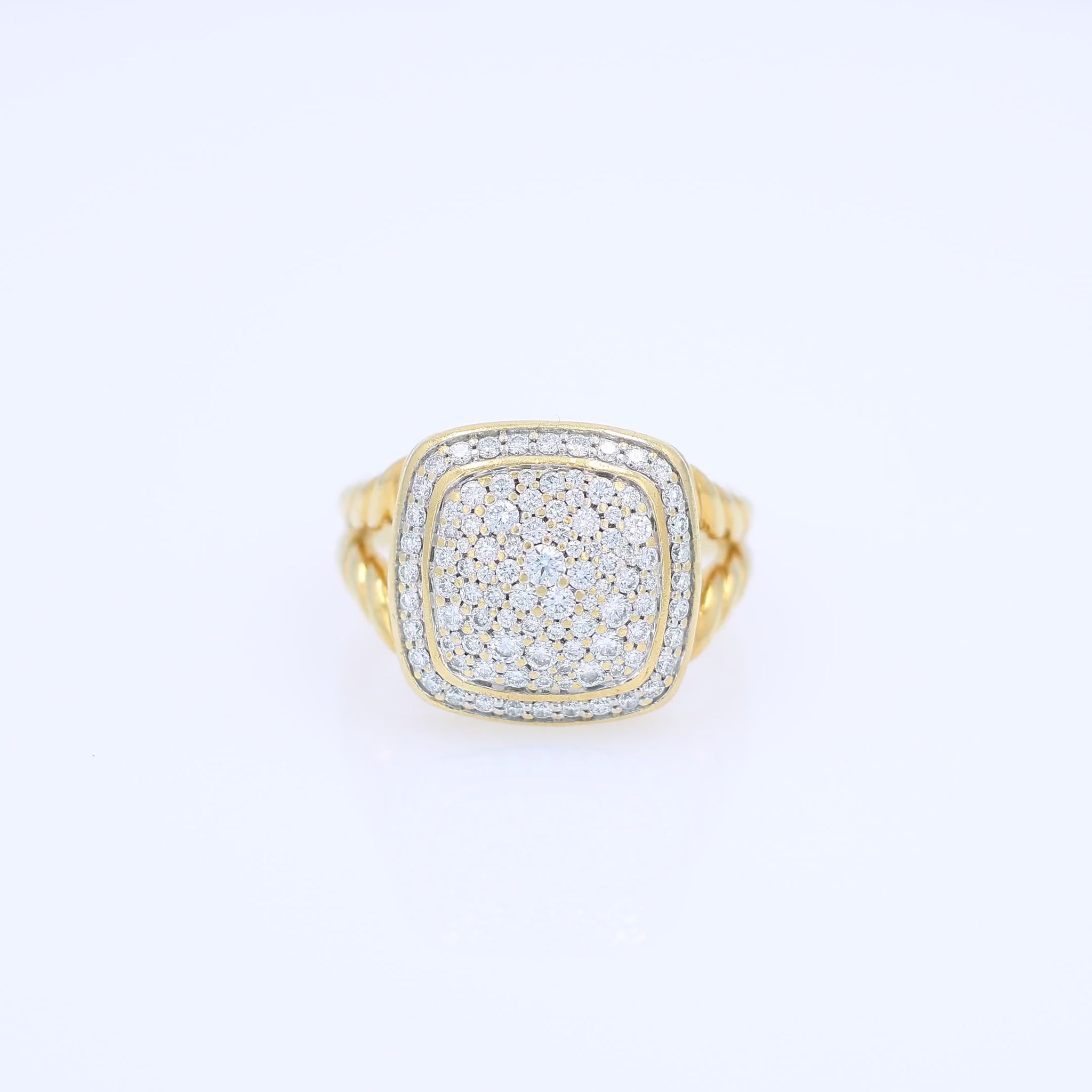 David Yurman yellow gold split cable shank pave top diamond ring on a white background