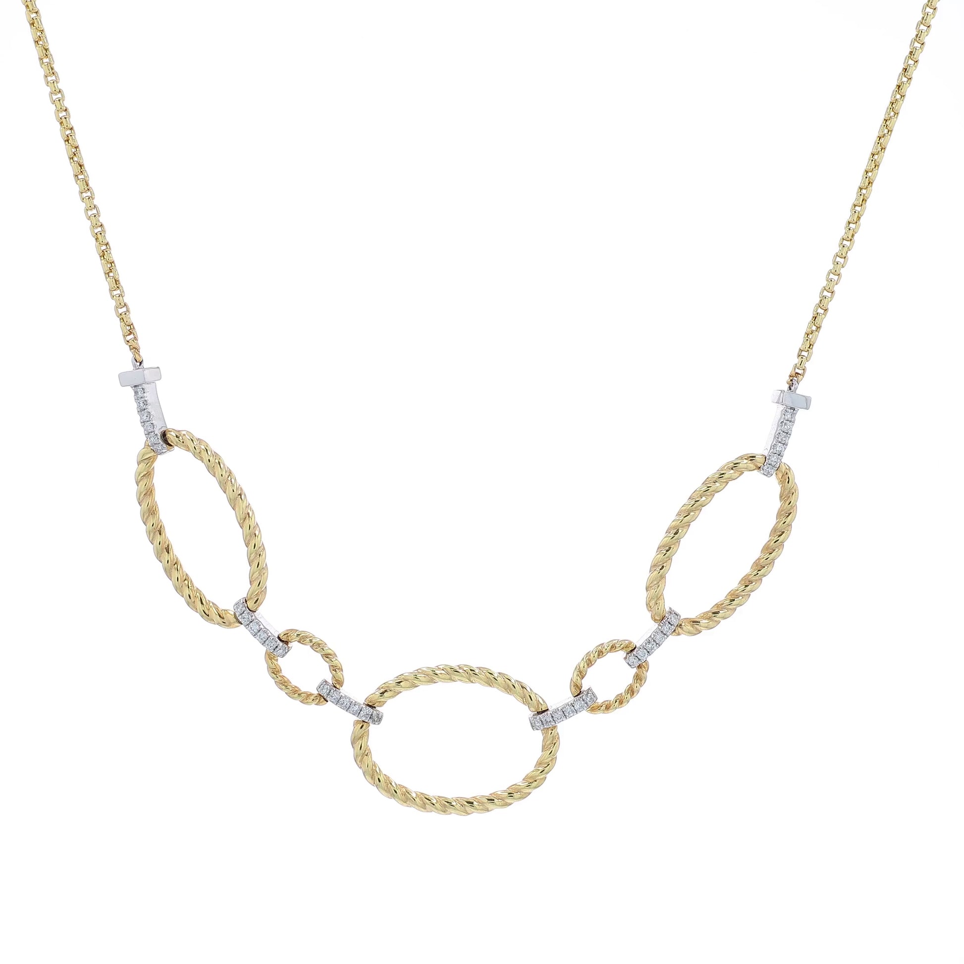 Yellow gold open oval twist link and pave diamond bar necklace on a white background