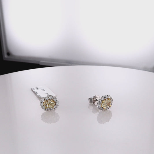 18k White Gold Yellow and White Diamond Halo Oval Stud Earrings