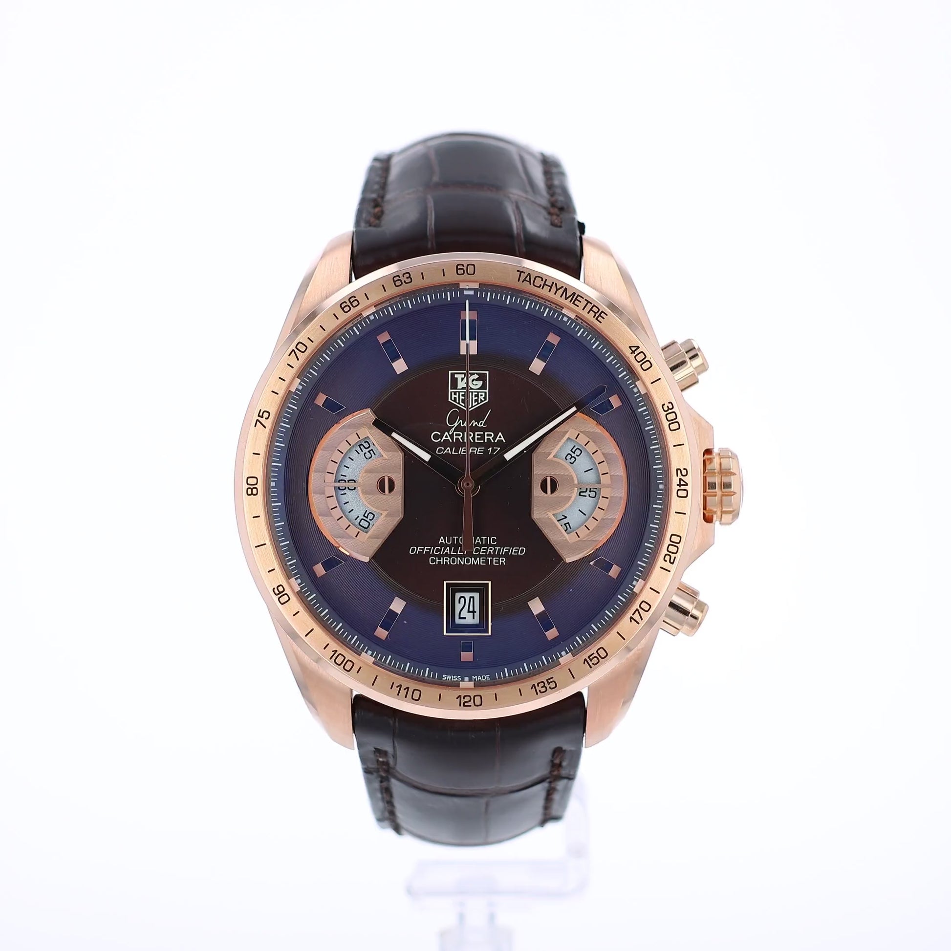 360 degree video of a TAG Heuer Grand Carrera watch with brown leather strap, rose gold case and brown dial on a white background