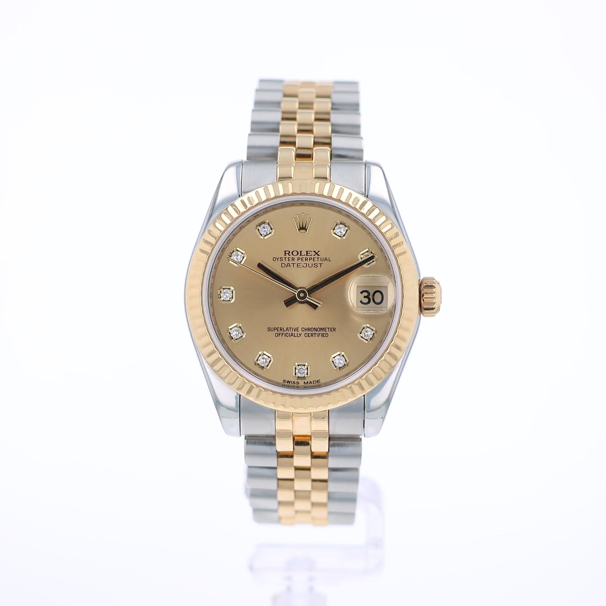 360 degree video of a two-tone Rolex watch with a diamond dial on a white background