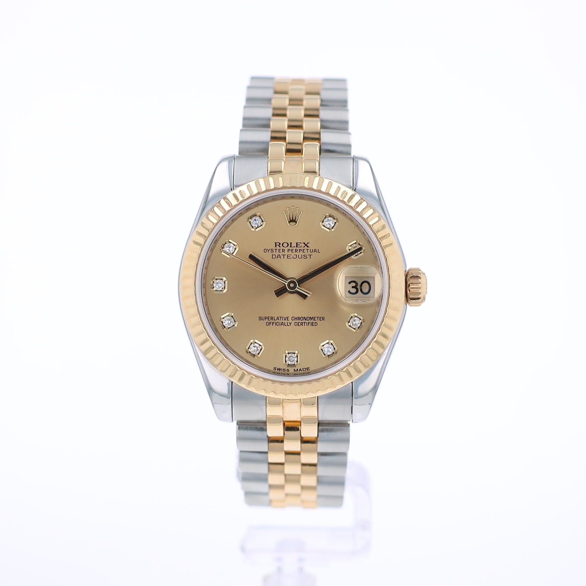 360 degree video of a two-tone Rolex watch with a diamond dial on a white background