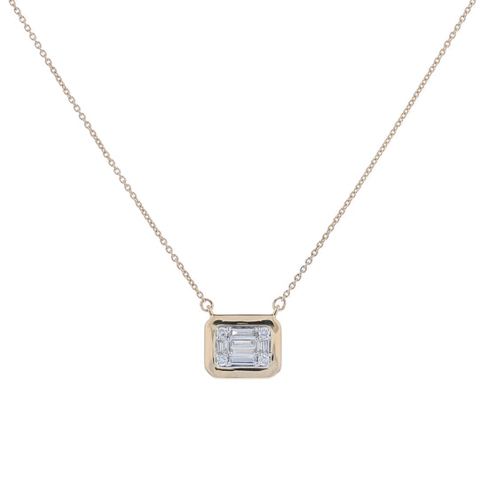 Yellow gold mixed cut diamond cushion pendant necklace on a white background