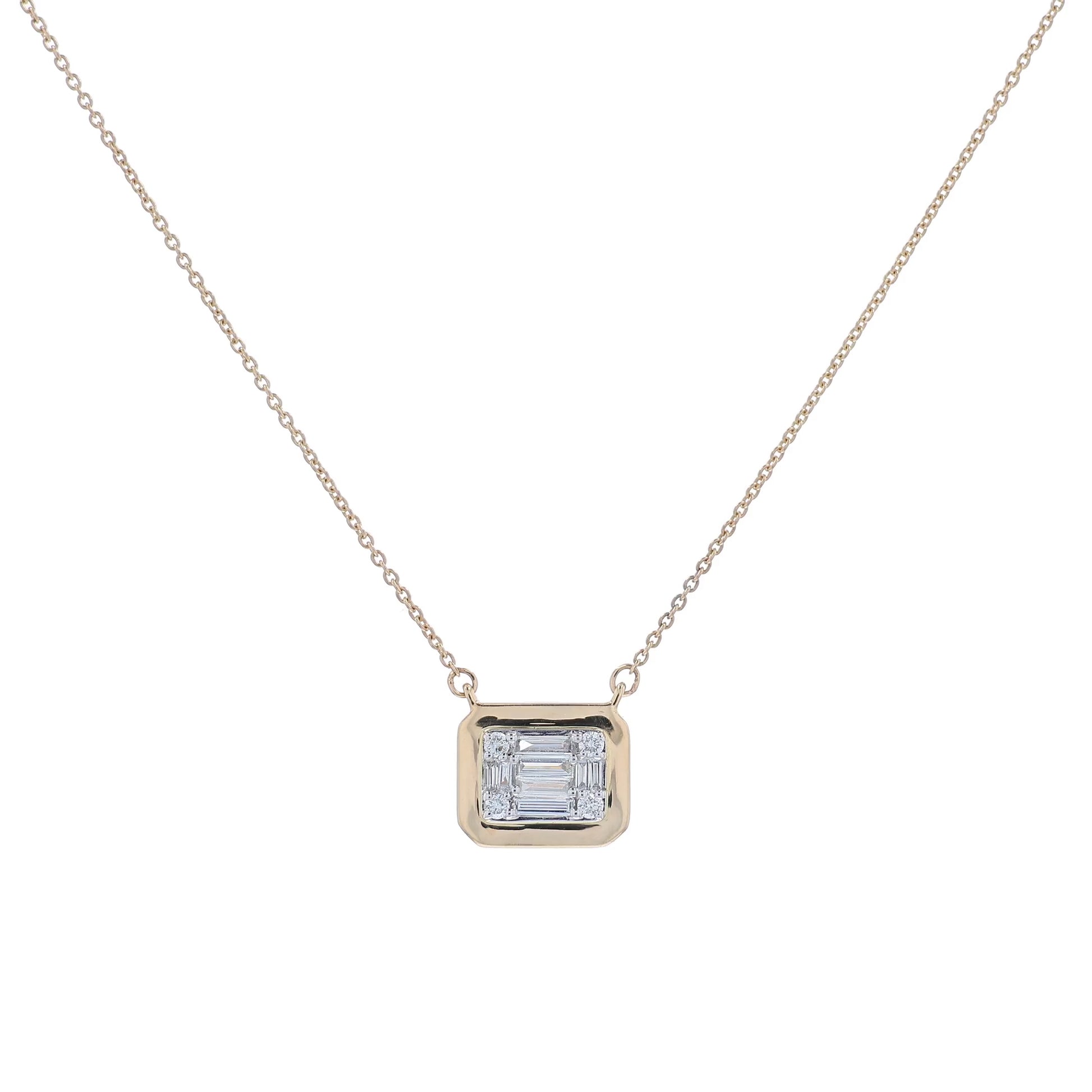 Yellow gold mixed cut diamond cushion pendant necklace on a white background