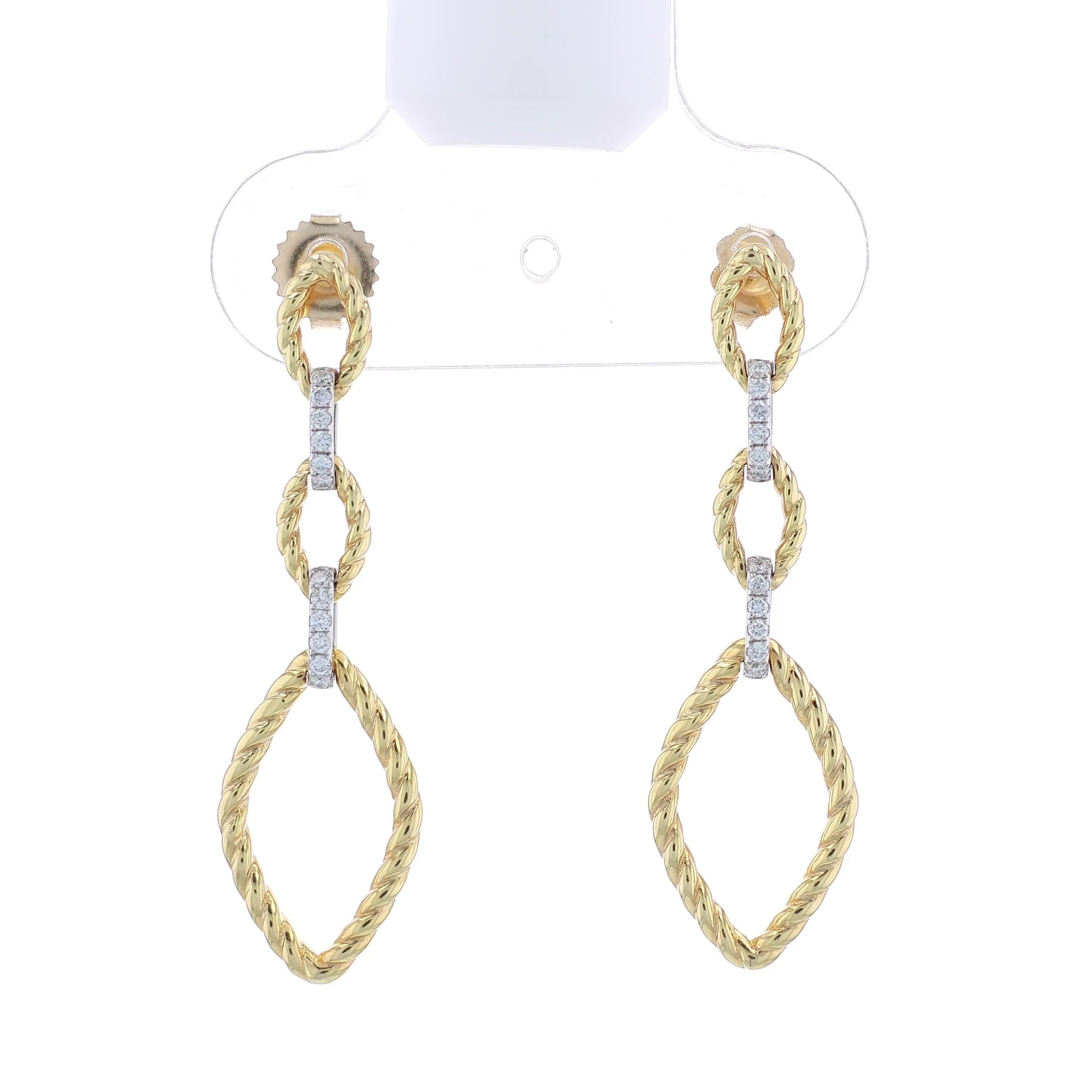 Gold twist link drop earrings with diamond accents on a white background