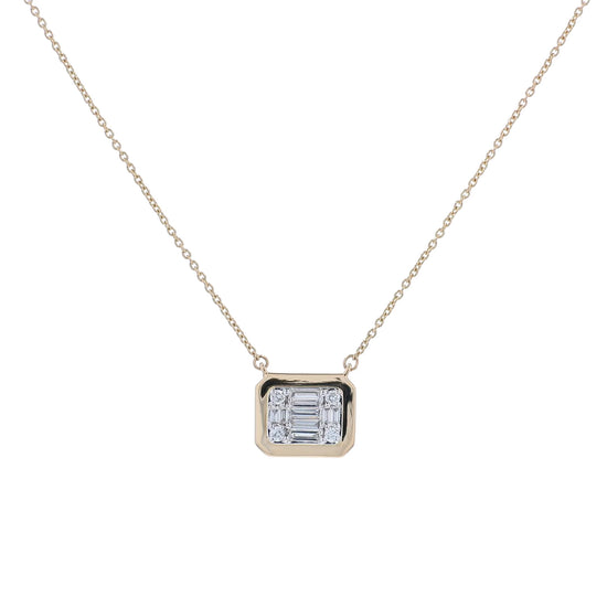 Yellow gold mixed cut diamond cushion pendant necklace on a white background