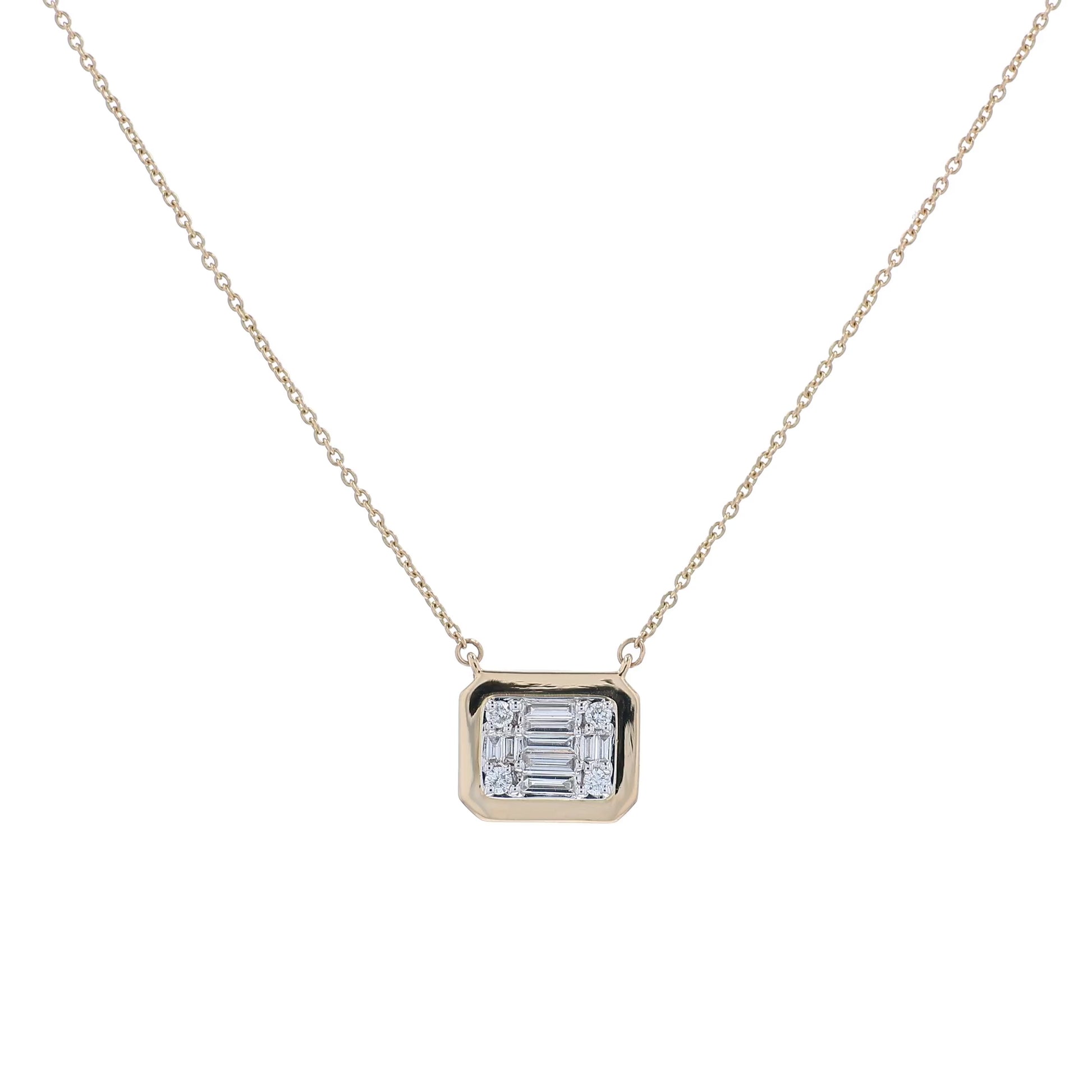 Yellow gold mixed cut diamond cushion pendant necklace on a white background