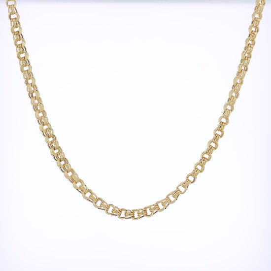 Yellow gold garbaldi link chain necklace on a white background
