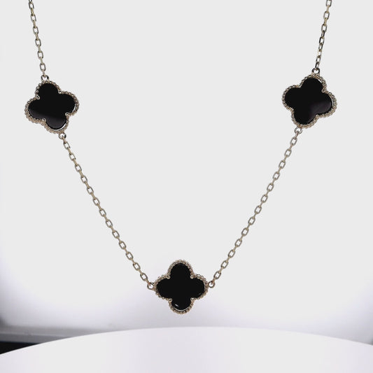 14k Yellow Gold 24" Black Onyx Clover Design Station Necklace