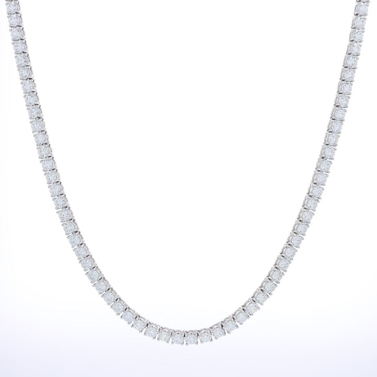 White gold 31.23 carat diamond tennis necklace on a white background